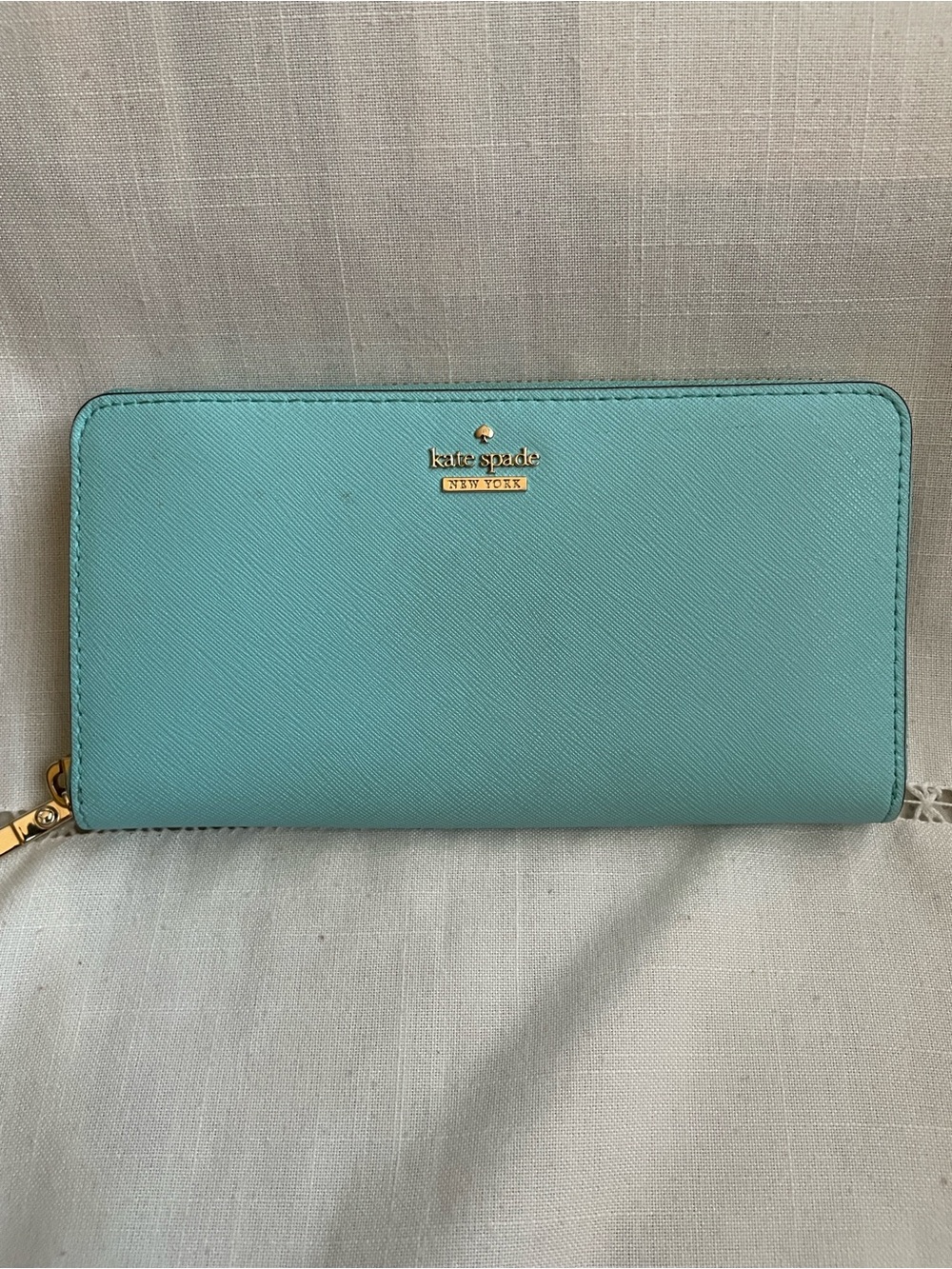 kate spade aqua zip-around continental wallet with gold logo EUC
